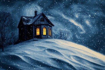 Fototapeta premium Lonely house stands on a hill under swirling snow at night