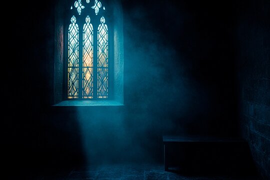 Hazy light shines through a vintage window in an old church wall