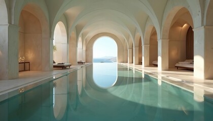 Indoor swimming pool tunnel with arched hallway reflection in luxury spa resort water mirror. Sunlit arches create geometric symmetry. Serene blue ocean view at the end.