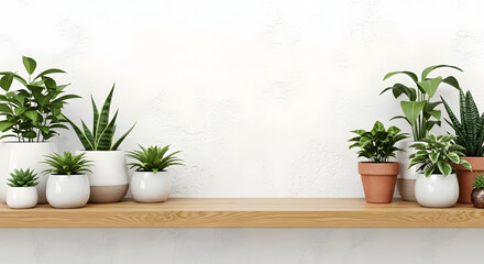 Fototapeta premium Modern Indoor Potted Plants on Wooden Shelf with White Wall Background