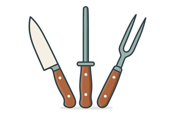 Professional kitchen carving set with knife, honing steel, and serving fork