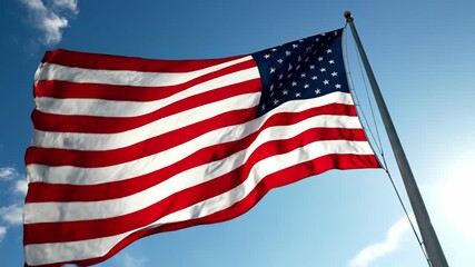 Flag waving proudly in a brilliant blue sky, its stripes and stars rippling like a banner of freedom, perfectly capturing the concept of national pride, unity, and statesmanship.