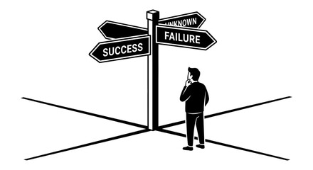 Man ponders choice at crossroads sign pointing to success, failure, unknown