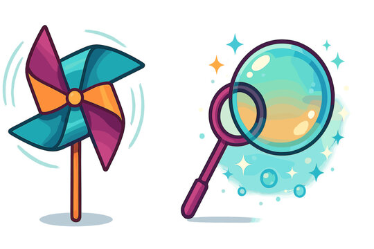 Brightly colored spinning pinwheel and a bubble wand creating a large iridescent soap bubble