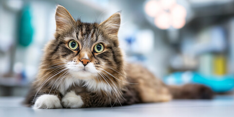 Tabby cat rests on clinic table. Green eyes stare ahead.