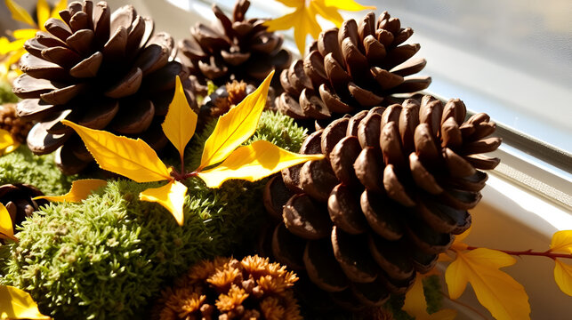 Highlight a contrast of rough pinecones and soft mosses beside bright yellow leaves, styled in natural window light with rich shadows