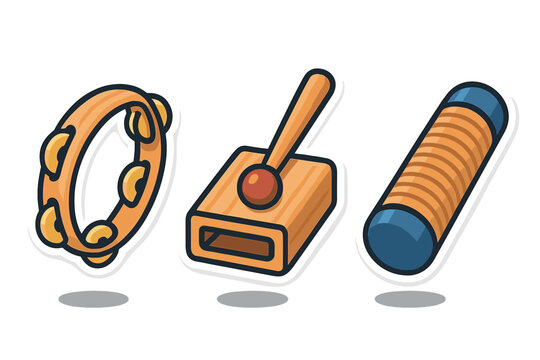 Set of musical percussion instruments including tambourine, wood block, and guiro