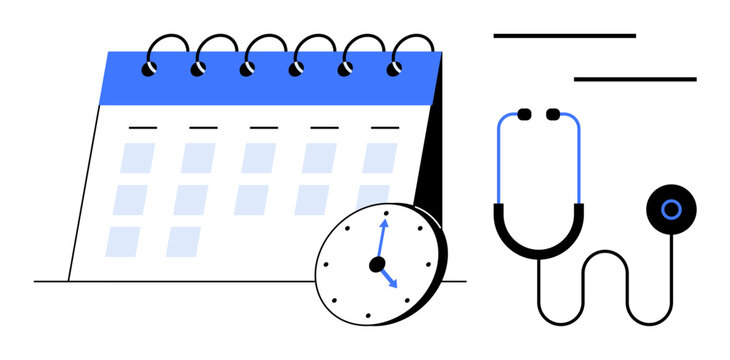 Calendar with highlighted days, clock indicating time, and stethoscope symbolizing healthcare. Ideal for scheduling, time management, medicine, organization, planning, patient care and punctuality