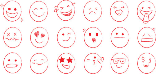  hand-drawn red-outlined emojis, each depicting a different facial expression. vector illustration 