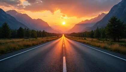 Naklejka premium Road extends into a sunset. Mountains and green trees frame the highway. The sky glows with warm orange light. A scenic drive, travel adventure concept.