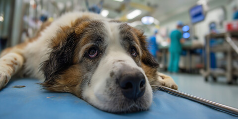 Dog rests on a blue examination table at a veterinary clinic. Veterinary staff attend to the patient.