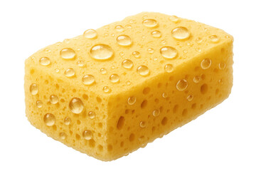 Yellow porous cleaning sponge with fresh water drops, showing absorbency and hygiene on transparent background