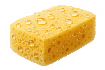 Yellow porous cleaning sponge with fresh water drops, showing absorbency and hygiene on transparent background