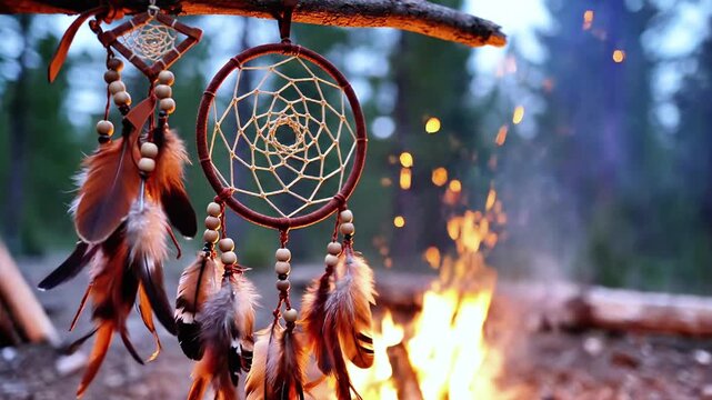 Close-up of dreamcatcher with feathers, wood beads, and fire in background, in a forest