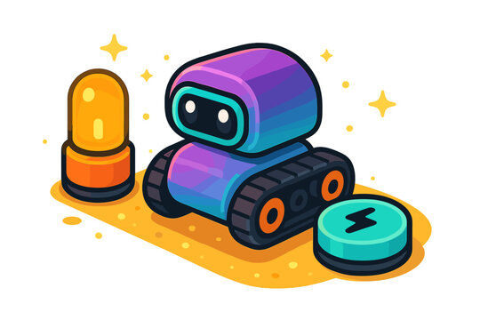 Cute futuristic tracked robot character standing near a glowing beacon and charging station icon