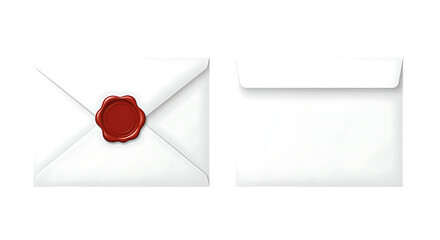 Realistic white envelope with red wax seal and a blank envelope on transparent background.