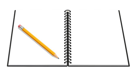 Open notebook with a pencil resting beside it on transparent background.