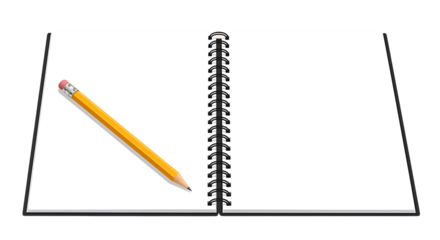 Open notebook with a pencil resting beside it on transparent background.