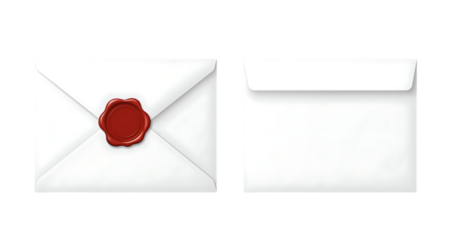 Realistic white envelope with red wax seal and a blank envelope on transparent background.
