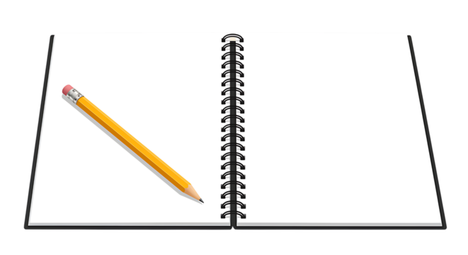 Open notebook with a pencil resting beside it on transparent background.