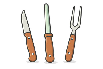 Essential carving set featuring a sharp knife, honing steel, and two-pronged meat fork with wooden handles