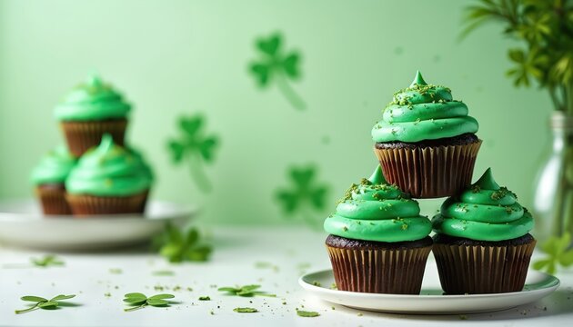 Green frosted cupcakes presented on a plate. The dessert is a festive treat for St Patricks Day. The image shows a celebration with baked sweets on a white surface.