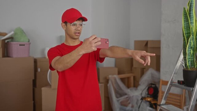 Young hispanic courier with smartphone points finger inside building interior amid stacks of moving boxes; focus.