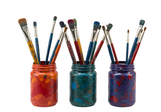 Colorful paintbrushes in vibrant jars perfect for art projects on transparent background.