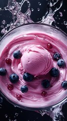 Modern ice cream maker with pink frozen dessert and berries, perfect for product ads, food blogs and kitchen appliance marketing