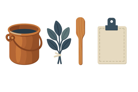 Copper bucket, wooden spatula, herb bundle, and blank recipe card set