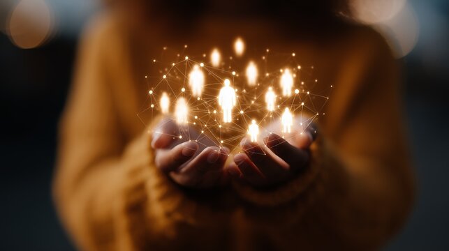 Hands holding glowing network of human figures symbolizing connectivity, social interaction, and technological communication in a digital world.