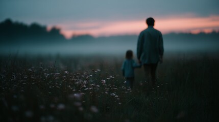 Fototapeta premium Silhouetted father and daughter holding hands, walking through a misty field at sunset, surrounded by wildflowers.