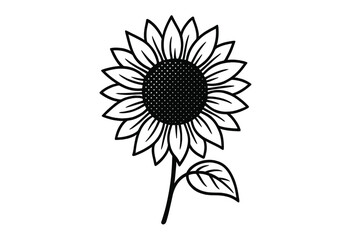 Fototapeta premium Minimalist black and white outline of a single sunflower showing the head, stem, and leaf