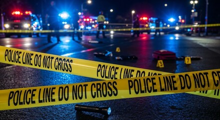 Emergency response at a crime scene in a city at night with police tape surrounding the area