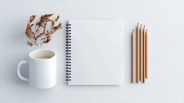 A minimalist flat lay composition featuring a white ceramic mug filled with coffee, a sprig of dried foliage, a blank spiral-bound notebook, and several wooden