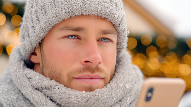 Young man in knitted winter scarf and hat talks on smartphone outdoors. Mobile conversation in cold weather and Christmas holiday season.