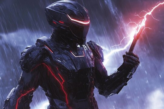 Sci-fi warrior wields lightning bolt weapon in stormy night battle
