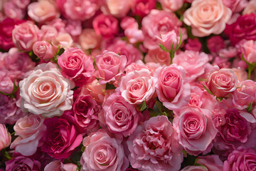 Obraz premium A wall adorned with lush pink roses creates a romantic backdrop, filling the room with love and warmth, perfect for celebrating Valentineâs Day.