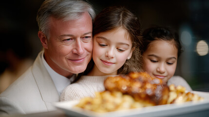 Grandfather hugs two granddaughters at holiday dinner table. Roast chicken in foreground and festive lights behind. Warm multigenerational family celebration moment..