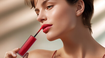 Fototapeta premium Woman applying lip tint in close-up view with red lipstick on smooth lips. Modern beauty and self-care concept..
