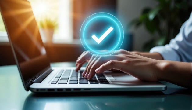 Holographic check mark above laptop keyboard. Digital approval and secure authorization process. Hands typing confirming online agreement.