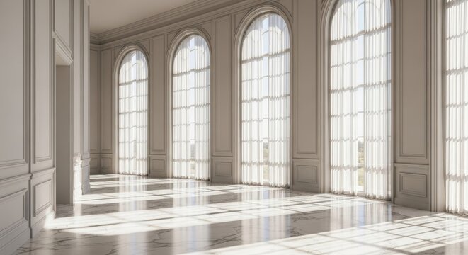 Elegant sunlit room with large arched windows and marble floor. Backdrop with copy space for inscription