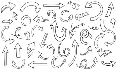 Diverse set of hand-drawn doodle arrows in various styles and directions, ideal graphic design elements for navigation, pointers, and creative illustration projects
