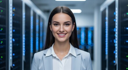 Caucasian female it professional in data center server room. Portrait with copy space for inscription