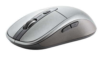 A modern silver computer mouse with a textured surface and scroll wheel, isolated on transparent background