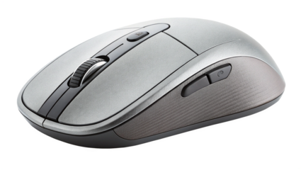 A modern silver computer mouse with a textured surface and scroll wheel, isolated on transparent background