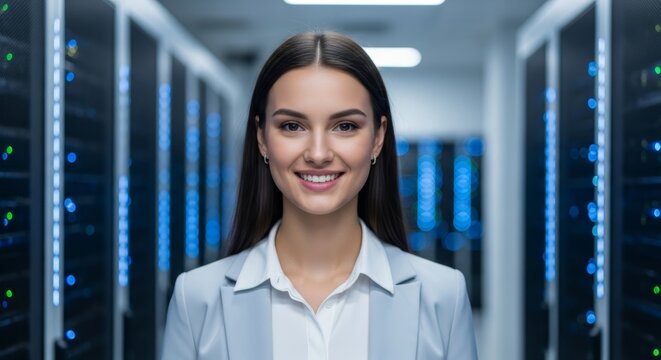 Caucasian female it professional in data center server room. Portrait with copy space for inscription