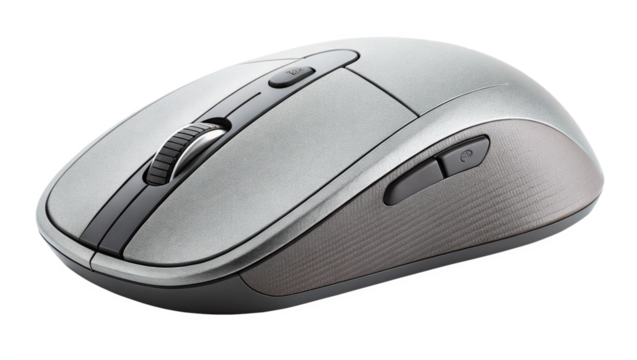 A modern silver computer mouse with a textured surface and scroll wheel, isolated on transparent background