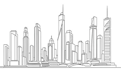 Vector outline drawing of a modern cityscape, showcasing a sophisticated urban skyline with various high-rise buildings and contemporary architectural structures