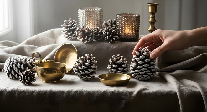 Hand decorating a rustic table setting with white tipped pine cones and brass accents for a cozy autumn or winter holiday display
